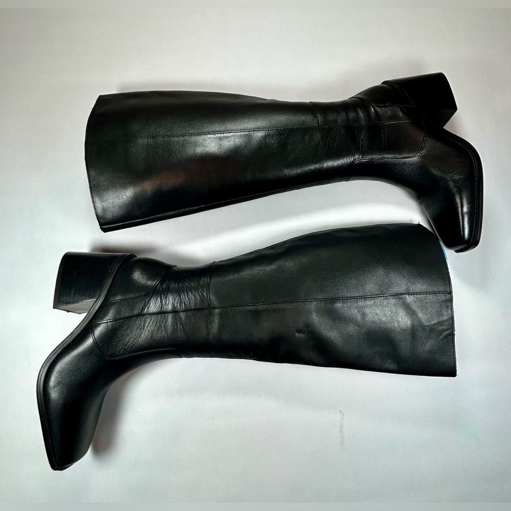 Vince Camuto Seshon Black Leather Knee High Boots Block Heel Wide Calf Size 6